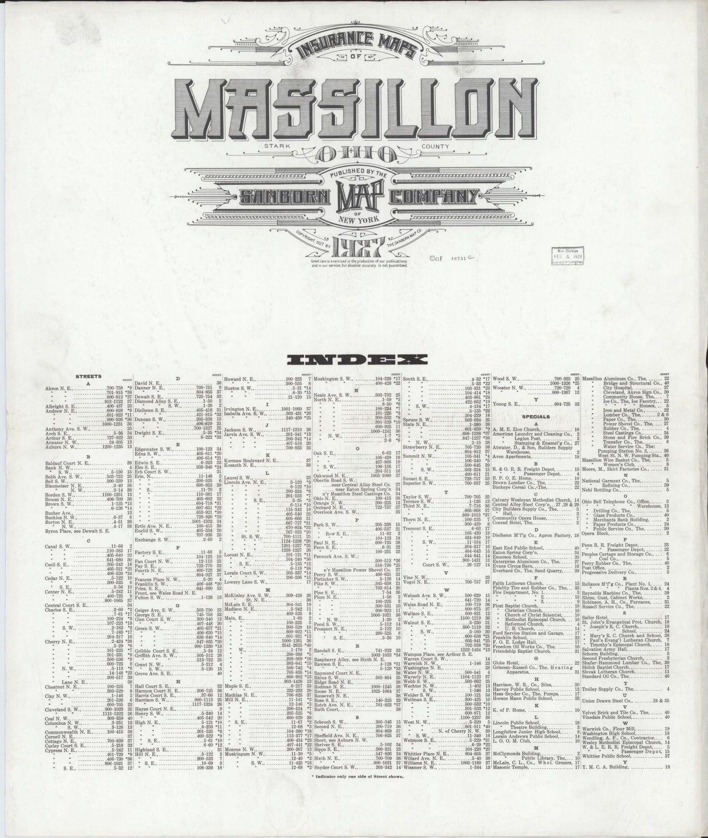 Sanborn Fire Insurance Map from Massillon, Stark County, Ohio (1927), Sheet #0001 - Historic Sanborn Fire Insurance Map Print, vintage old map wall art, antique decor, genealogy gift, Ohio Ohio map