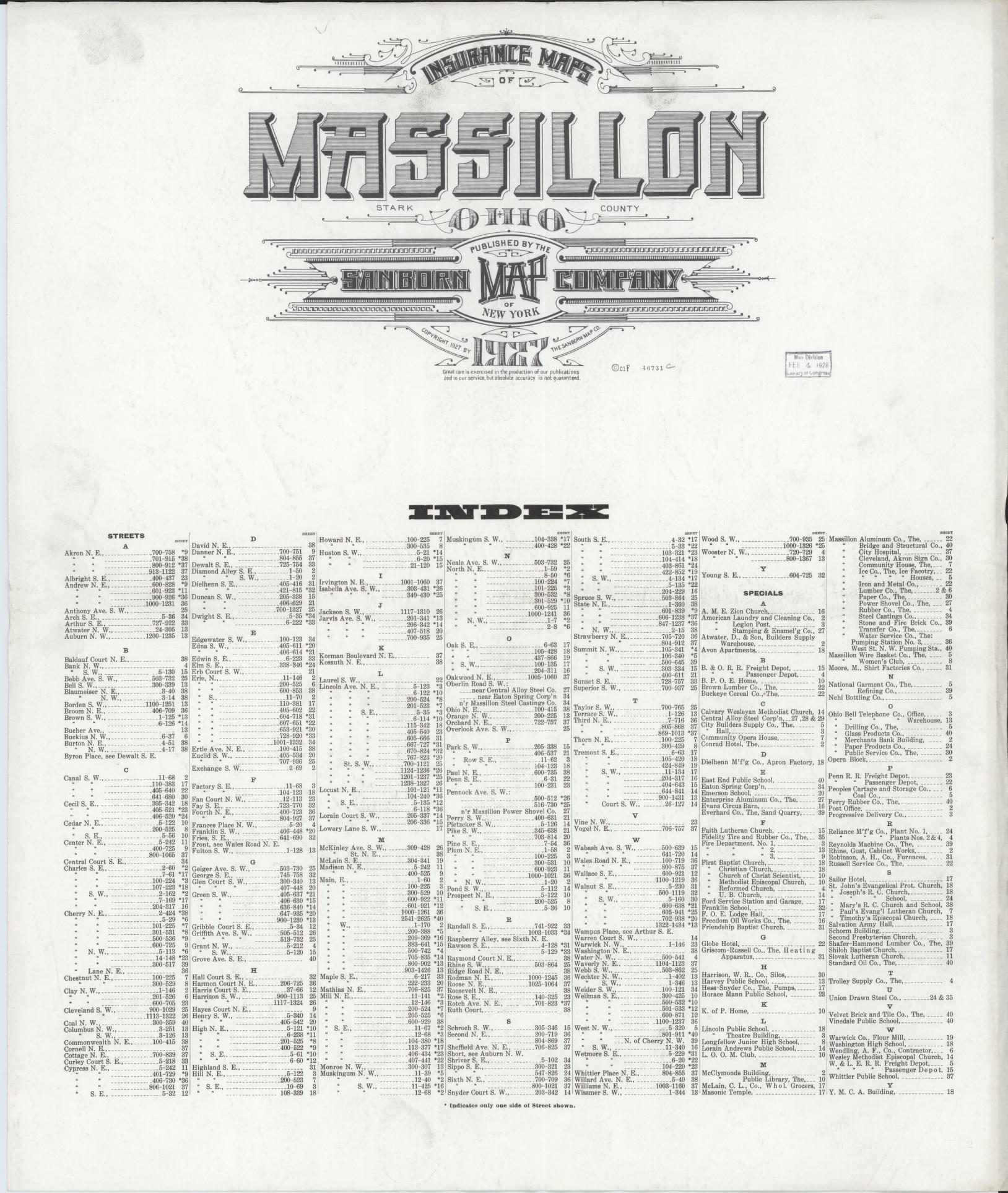 Sanborn Fire Insurance Map from Massillon, Stark County, Ohio (1927), Sheet #0001 - Historic Sanborn Fire Insurance Map Print, vintage old map wall art, antique decor, genealogy gift, Ohio Ohio map