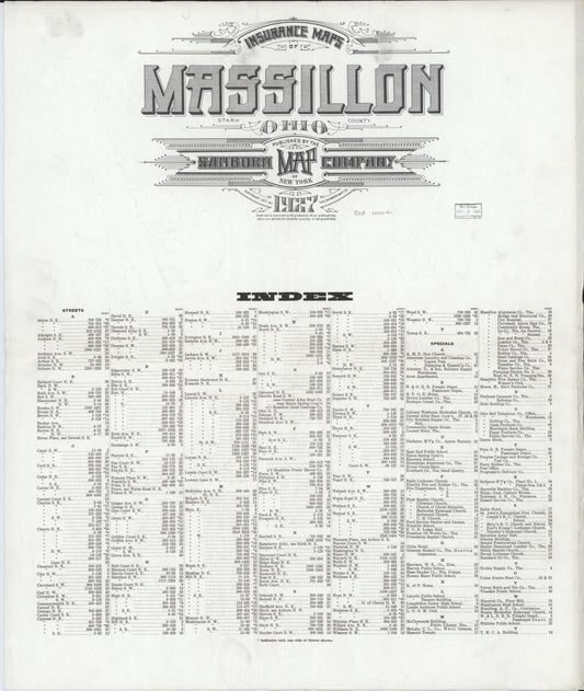 Sanborn Fire Insurance Map from Massillon, Stark County, Ohio (1927), Sheet #0001 - Historic Sanborn Fire Insurance Map Print, vintage old map wall art, antique decor, genealogy gift, Ohio Ohio map