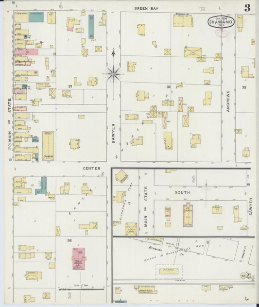 Sanborn Fire Insurance Map from Shawano, Shawano County, Wisconsin (1894), Sheet #0003 - Historic Sanborn Fire Insurance Map Print, vintage old map wall art, antique decor, genealogy gift, Wisconsin Wisconsin map