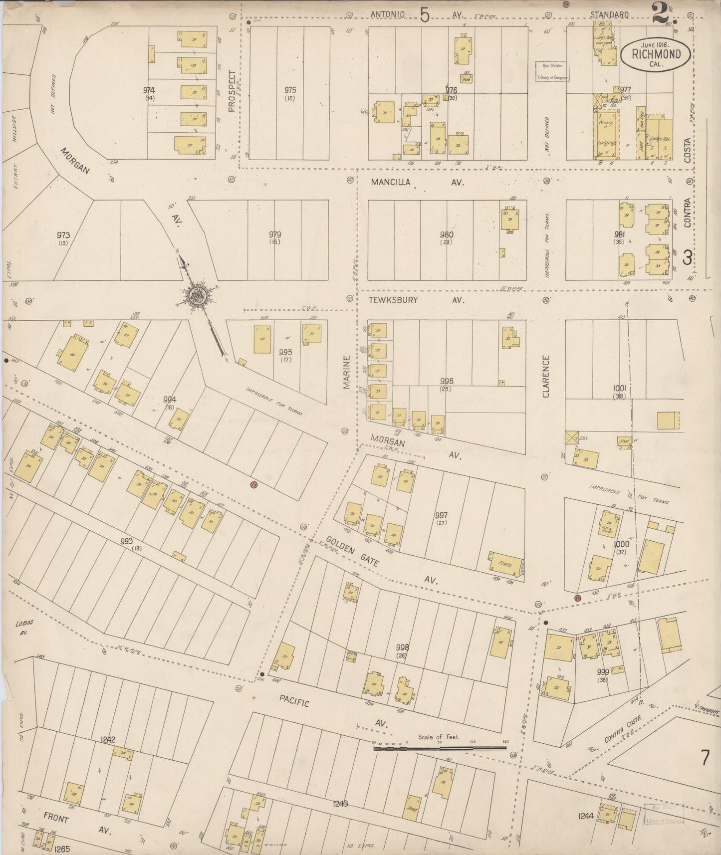 Sanborn Fire Insurance Map from Richmond, Contra Costa County, California (1916), Sheet #0002 - Complete Map Set gallery image, historic Sanborn map, vintage wall art, California California