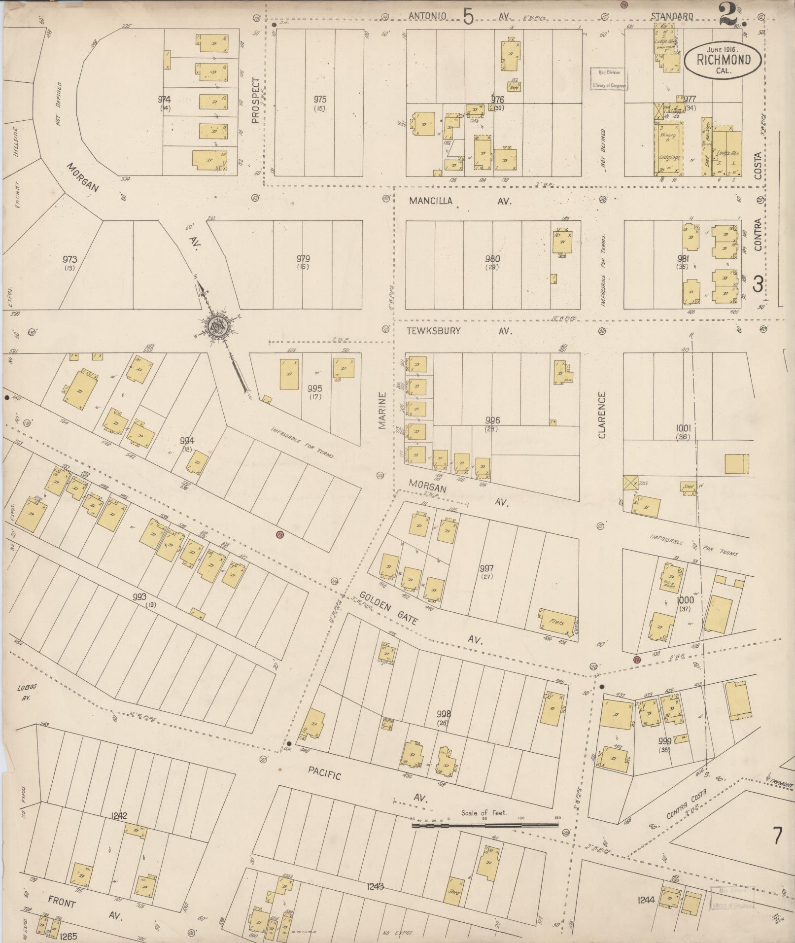 Sanborn Fire Insurance Map from Richmond, Contra Costa County, California (1916), Sheet #0002 - Complete Map Set gallery image, historic Sanborn map, vintage wall art, California California