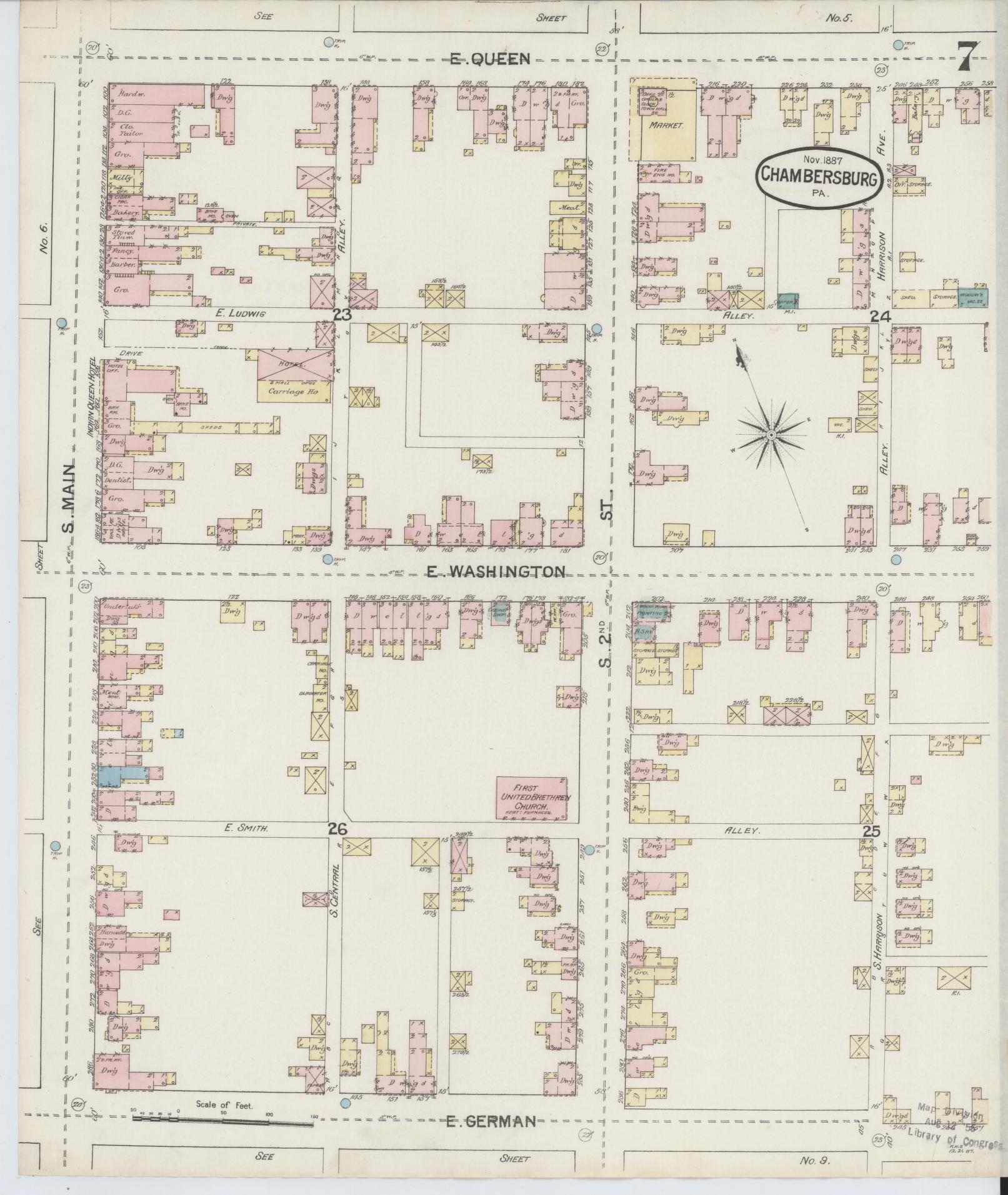 Sanborn Fire Insurance Map from Chambersburg, Franklin County, Pennsylvania (1887), Sheet #0007 - Historic Sanborn Fire Insurance Map Print, vintage old map wall art, antique decor, genealogy gift, Pennsylvania Pennsylvania map