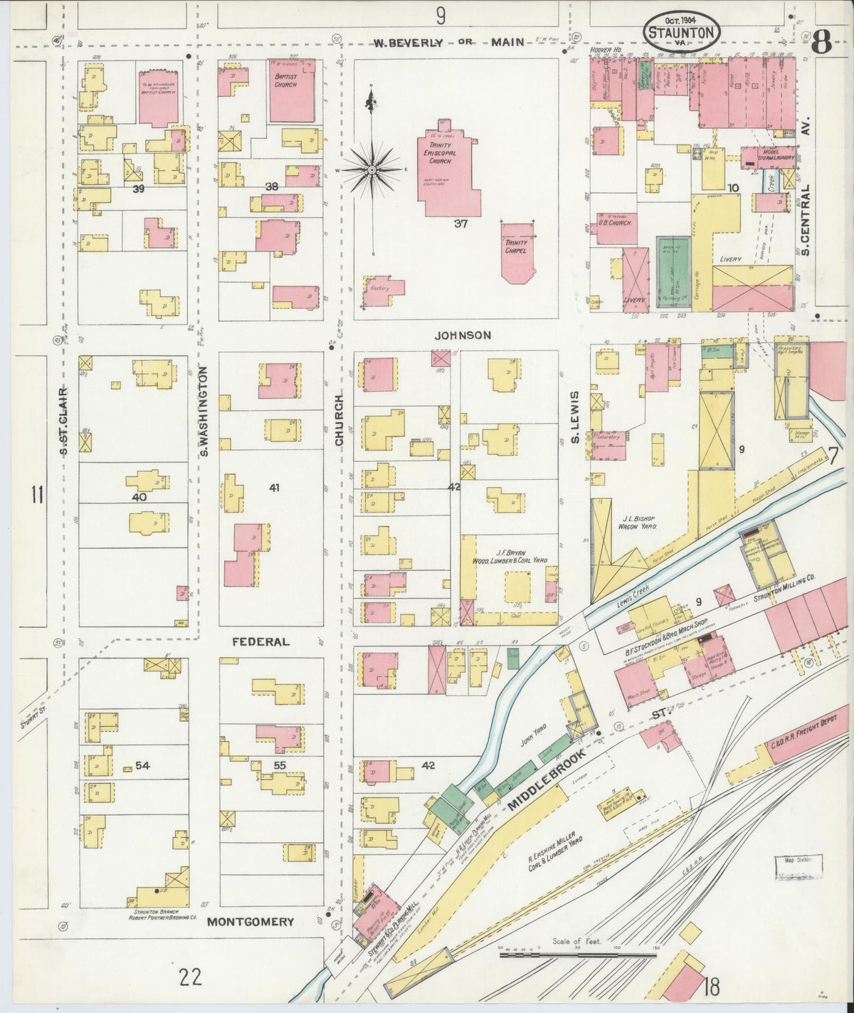Sanborn Fire Insurance Map from Staunton, Independent Cities, Virginia (1904), Sheet #0008 - Complete Map Set gallery image, historic Sanborn map, vintage wall art, Virginia Virginia