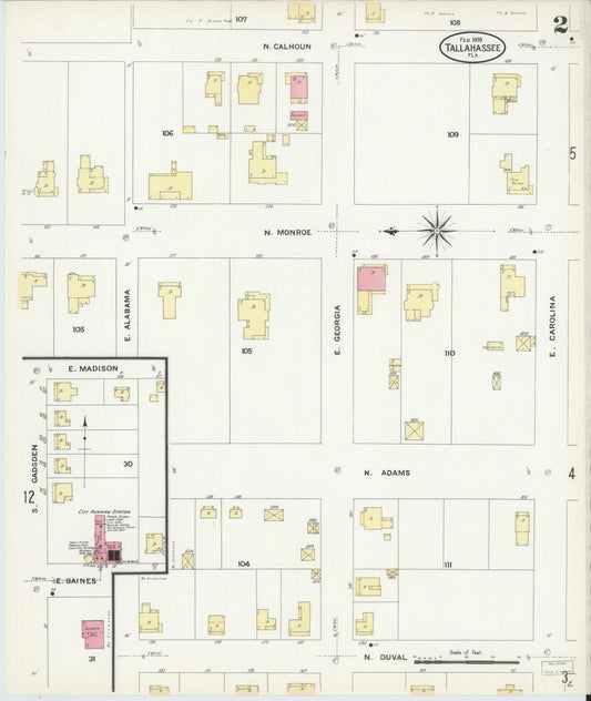 Sanborn Fire Insurance Map from Tallahassee, Leon County, Florida (1909), Sheet #0002 - Historic Sanborn Fire Insurance Map Print, vintage old map wall art, antique decor, genealogy gift, Florida Florida map