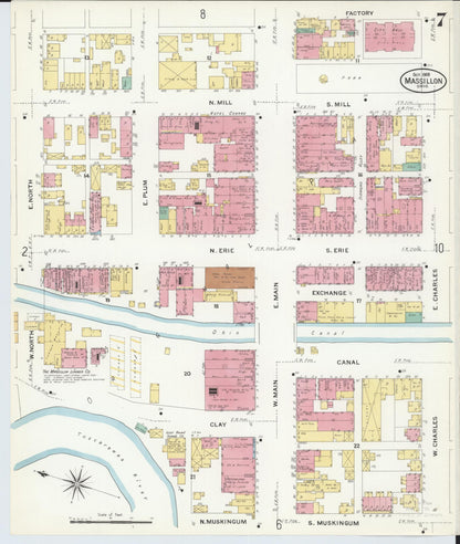 Sanborn Fire Insurance Map from Massillon, Stark County, Ohio (1908), Sheet #0007 - Historic Sanborn Fire Insurance Map Print, vintage old map wall art, antique decor, genealogy gift, Ohio Ohio map