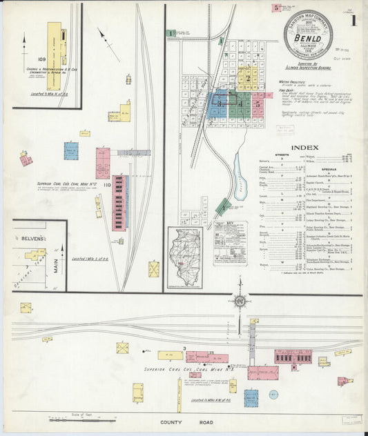 Sanborn Fire Insurance Map from Benld, Macoupin County, Illinois (1915), Sheet #0001 - Historic Sanborn Fire Insurance Map Print, vintage old map wall art, antique decor, genealogy gift, Illinois Illinois map
