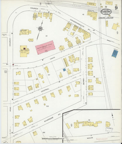 Sanborn Fire Insurance Map from Concord, Middlesex County, Massachusetts (1918), Sheet #0009 - Historic Sanborn Fire Insurance Map Print, vintage old map wall art, antique decor, genealogy gift, Massachusetts Massachusetts map