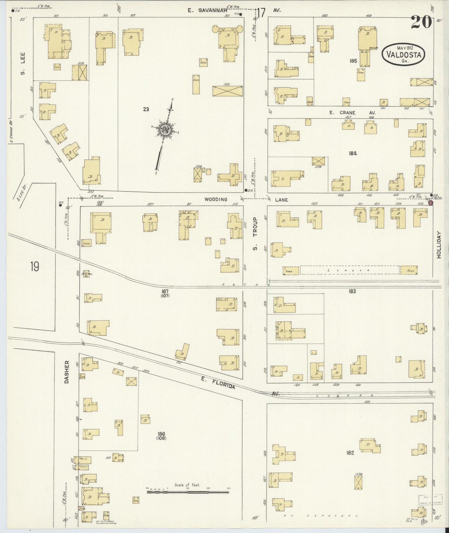 Sanborn Fire Insurance Map from Valdosta, Lowndes County, Georgia (1912), Sheet #0020 - Complete Map Set gallery image, historic Sanborn map, vintage wall art, Georgia Georgia