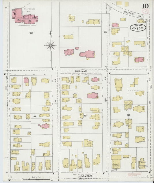 Sanborn Fire Insurance Map from Olean, Cattaraugus County, New York (1894), Sheet #0010 - Historic Sanborn Fire Insurance Map Print, vintage old map wall art, antique decor, genealogy gift, New York New York map