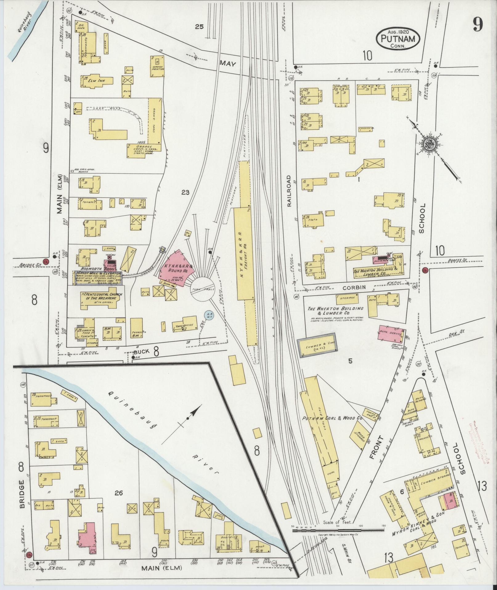 Sanborn Fire Insurance Map from Putnam, Windham County, Connecticut (1920), Sheet #0009 - Historic Sanborn Fire Insurance Map Print, vintage old map wall art, antique decor, genealogy gift, Connecticut Connecticut map
