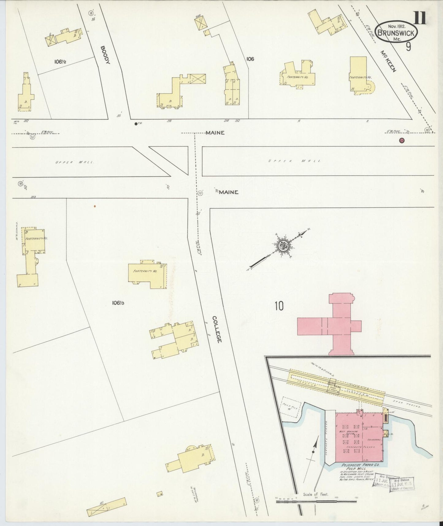 Sanborn Fire Insurance Map from Brunswick, Cumberland County, Maine (1912), Sheet #0011 - Complete Map Set gallery image, historic Sanborn map, vintage wall art, Maine Maine