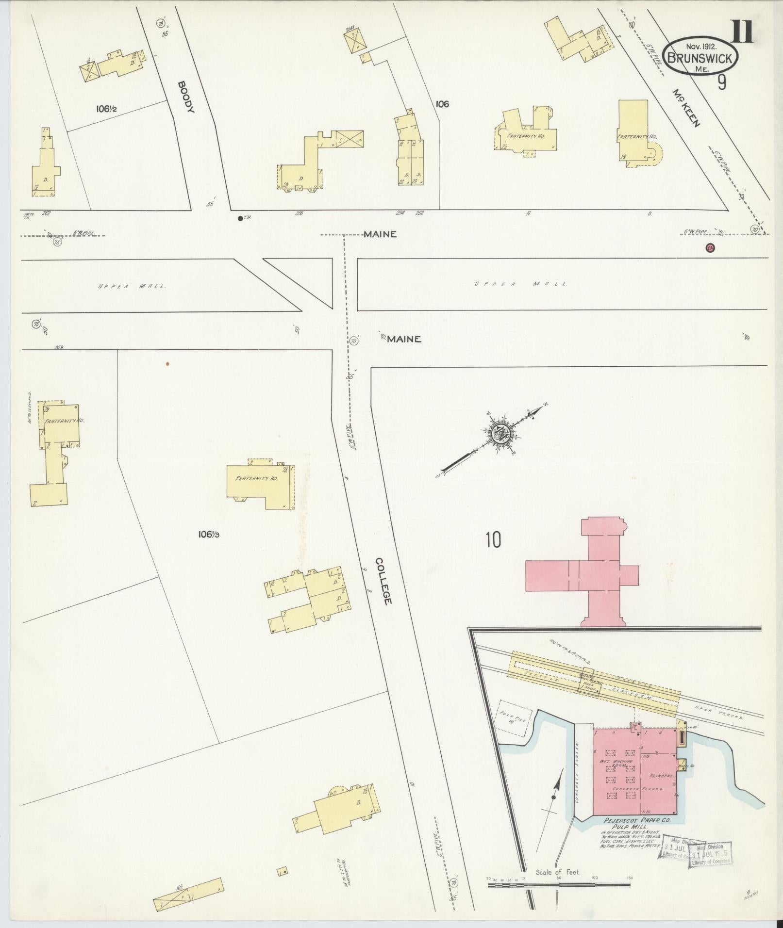 Sanborn Fire Insurance Map from Brunswick, Cumberland County, Maine (1912), Sheet #0011 - Complete Map Set gallery image, historic Sanborn map, vintage wall art, Maine Maine