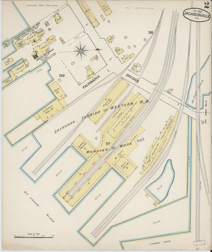 Sanborn Fire Insurance Map from Jacksonville, Duval County, Florida (1887), Sheet #0002 - Historic Sanborn Fire Insurance Map Print, vintage old map wall art, antique decor, genealogy gift, Florida Florida map