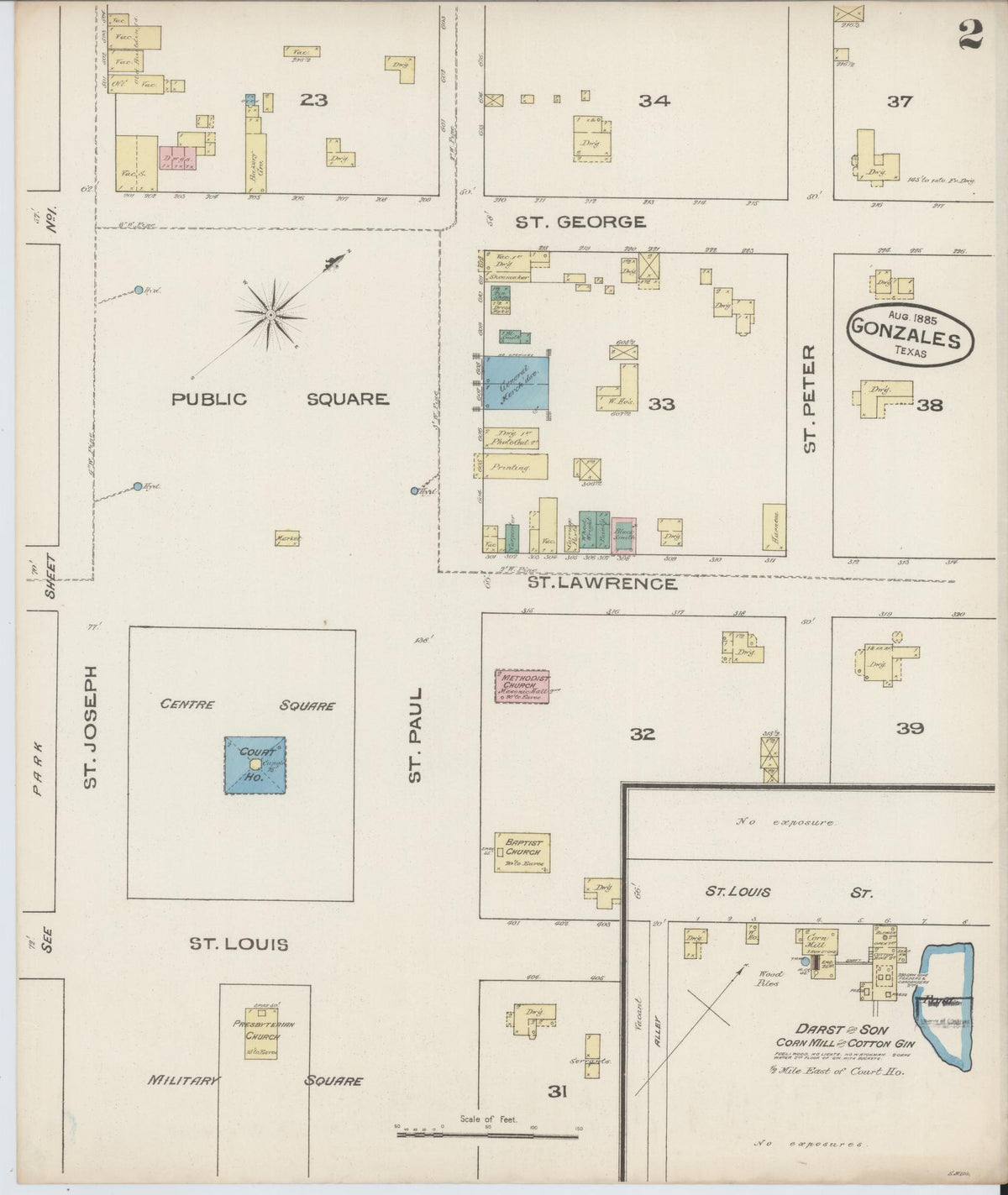 Sanborn Fire Insurance Map from Gonzales, Gonzales County, Texas (1885), Sheet #0002 - Complete Map Set gallery image, historic Sanborn map, vintage wall art, Texas Texas