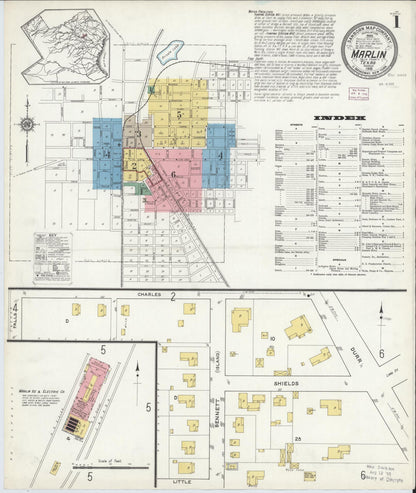 Sanborn Fire Insurance Map from Marlin, Falls County, Texas (1916), Sheet #0001 - Historic Sanborn Fire Insurance Map Print, vintage old map wall art, antique decor, genealogy gift, Texas Texas map