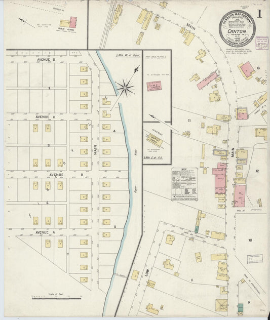 Sanborn Fire Insurance Map from Canton, Haywood County, North Carolina (1907), Sheet #0001 - Historic Sanborn Fire Insurance Map Print, vintage old map wall art, antique decor, genealogy gift, North Carolina North Carolina map