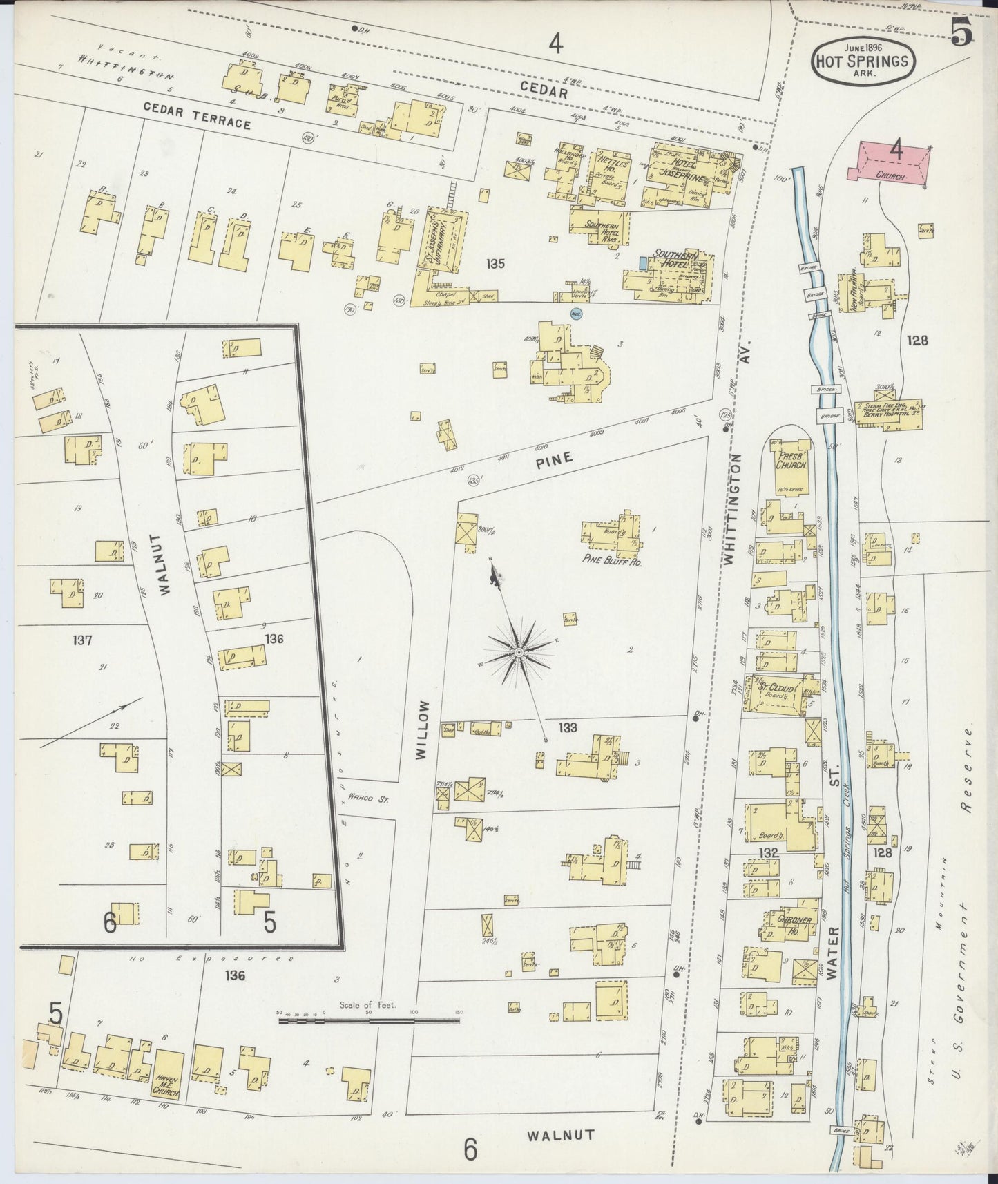 Sanborn Fire Insurance Map from Hot Springs, Garland County, Arkansas (1896), Sheet #0005 - Complete Map Set gallery image, historic Sanborn map, vintage wall art, Arkansas Arkansas