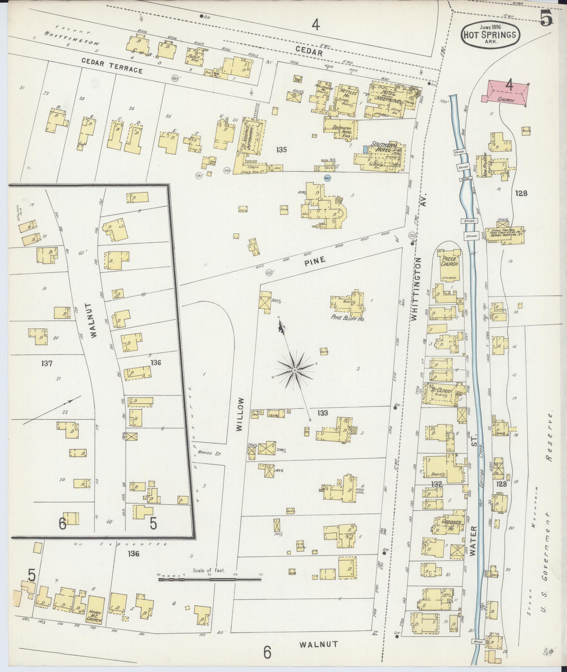 Sanborn Fire Insurance Map from Hot Springs, Garland County, Arkansas (1896), Sheet #0005 - Complete Map Set gallery image, historic Sanborn map, vintage wall art, Arkansas Arkansas