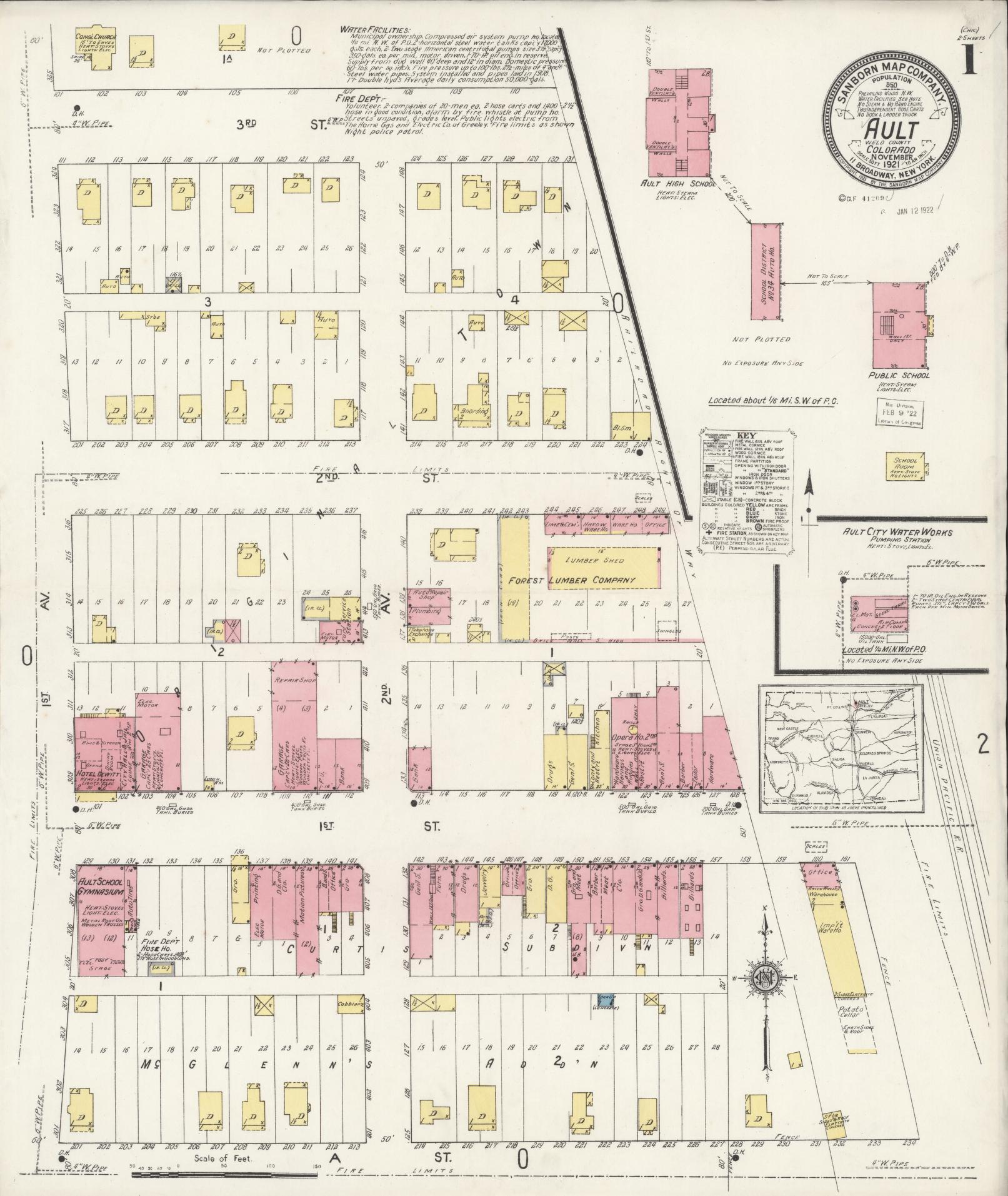 Sanborn Fire Insurance Map from Ault, Weld County, Colorado (1921), Sheet #0001 - Historic Sanborn Fire Insurance Map Print, vintage old map wall art, antique decor, genealogy gift, Colorado Colorado map