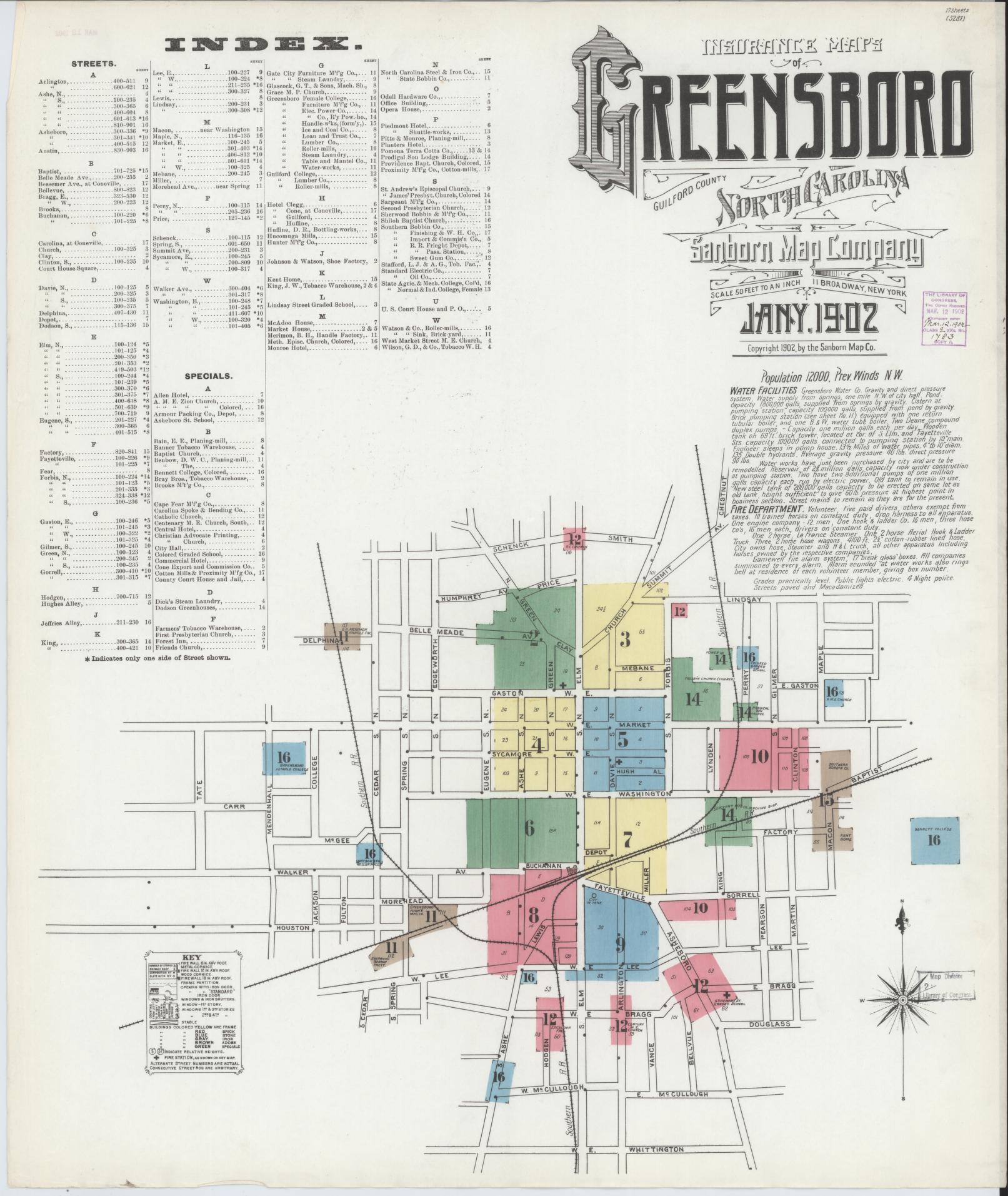 Sanborn Fire Insurance Map from Greensboro, Guilford County, North Carolina (1902), Sheet #0001 - Complete Map Set gallery image, historic Sanborn map, vintage wall art, North Carolina North Carolina