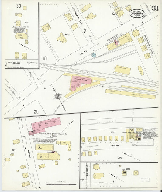 Sanborn Fire Insurance Map from Danbury, Fairfield County, Connecticut (1909), Sheet #0031 - Historic Sanborn Fire Insurance Map Print, vintage old map wall art, antique decor, genealogy gift, Connecticut Connecticut map