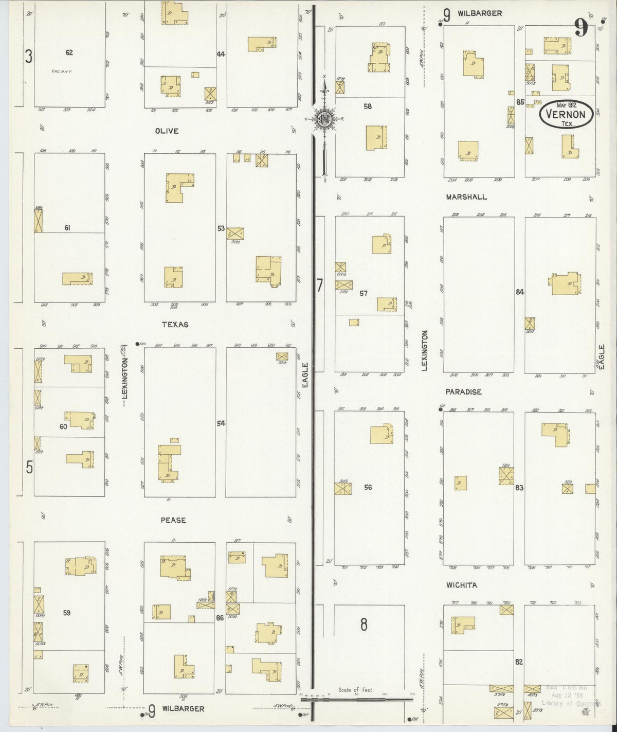 Sanborn Fire Insurance Map from Vernon, Wilbarger County, Texas (1912), Sheet #0009 - Complete Map Set gallery image, historic Sanborn map, vintage wall art, Texas Texas