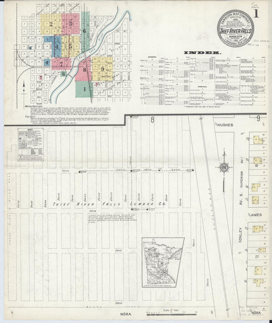 Sanborn Fire Insurance Map from Thief River Falls, Pennington County, Minnesota (1912), Sheet #0001 - Historic Sanborn Fire Insurance Map Print, vintage old map wall art, antique decor, genealogy gift, Minnesota Minnesota map