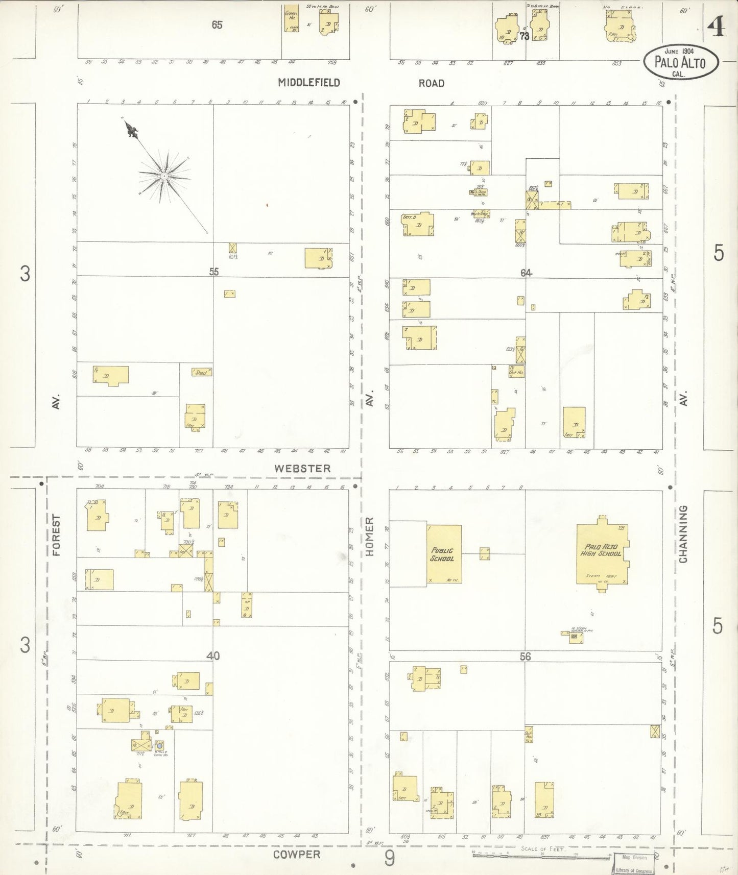 Sanborn Fire Insurance Map from Palo Alto, Santa Clara County, California (1904), Sheet #0004 - Complete Map Set gallery image, historic Sanborn map, vintage wall art, California California