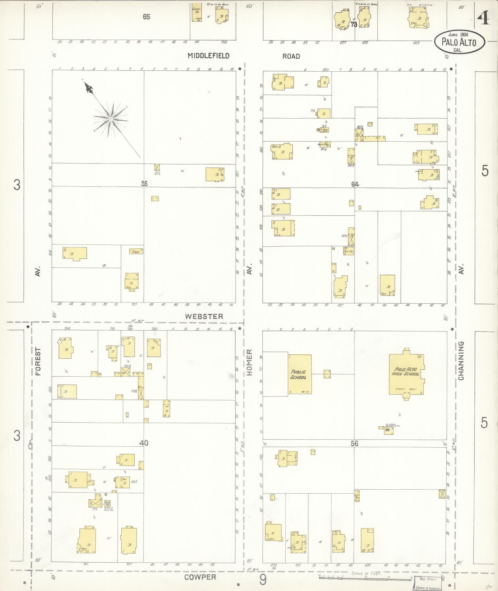 Sanborn Fire Insurance Map from Palo Alto, Santa Clara County, California (1904), Sheet #0004 - Complete Map Set gallery image, historic Sanborn map, vintage wall art, California California