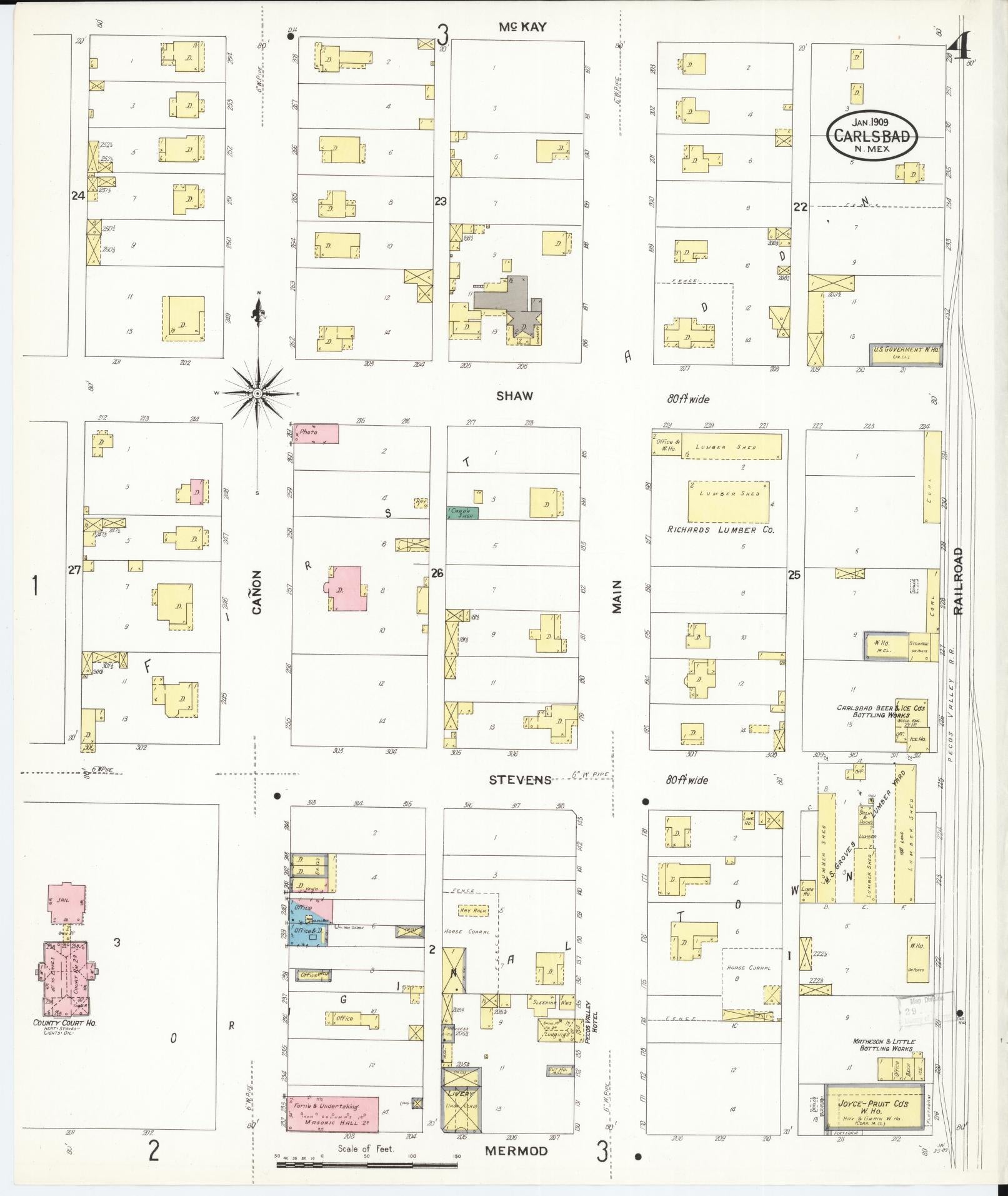 Sanborn Fire Insurance Map from Carlsbad, Eddy County, New Mexico (1909), Sheet #0004 - Complete Map Set gallery image, historic Sanborn map, vintage wall art, New Mexico New Mexico