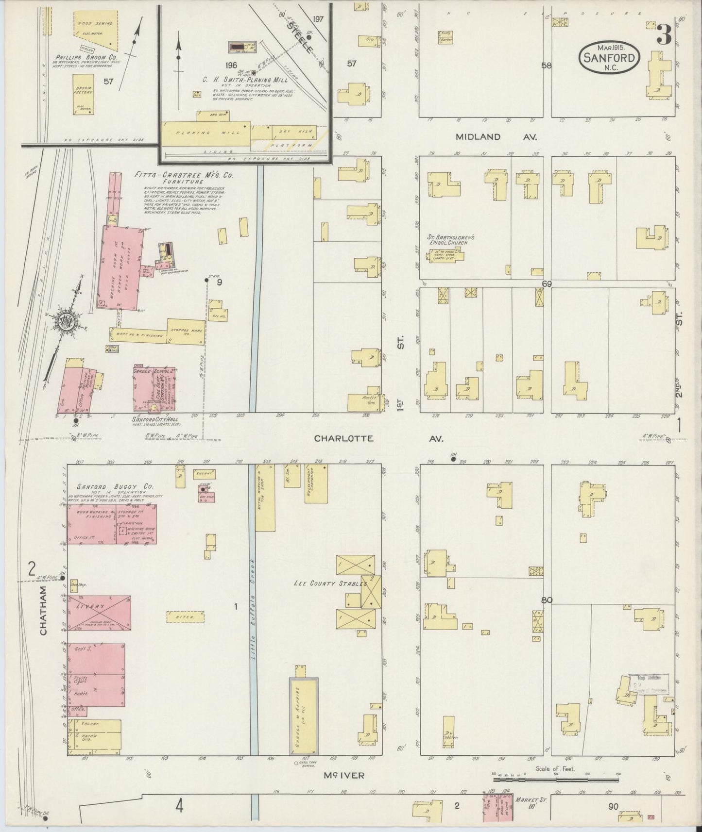 Sanborn Fire Insurance Map from Sanford, Lee County, North Carolina (1915), Sheet #0003 - Historic Sanborn Fire Insurance Map Print, vintage old map wall art, antique decor, genealogy gift, North Carolina North Carolina map
