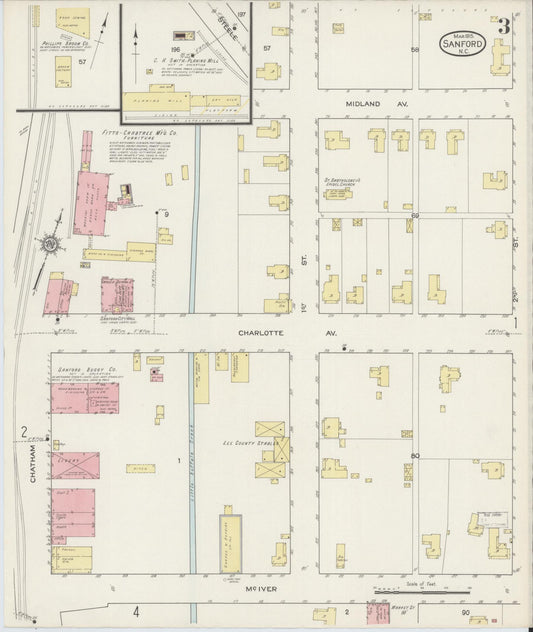 Sanborn Fire Insurance Map from Sanford, Lee County, North Carolina (1915), Sheet #0003 - Historic Sanborn Fire Insurance Map Print, vintage old map wall art, antique decor, genealogy gift, North Carolina North Carolina map