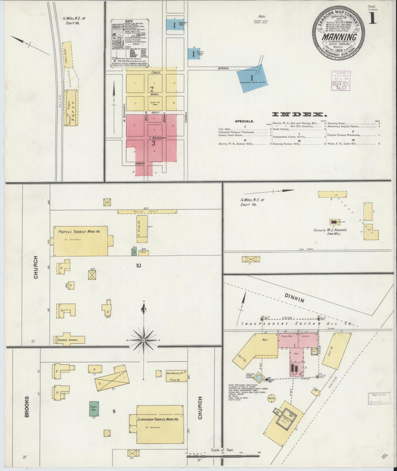 Sanborn Fire Insurance Map from Manning, Clarendon County, South Carolina (1905), Sheet #0001 - Complete Map Set gallery image, historic Sanborn map, vintage wall art, South Carolina South Carolina