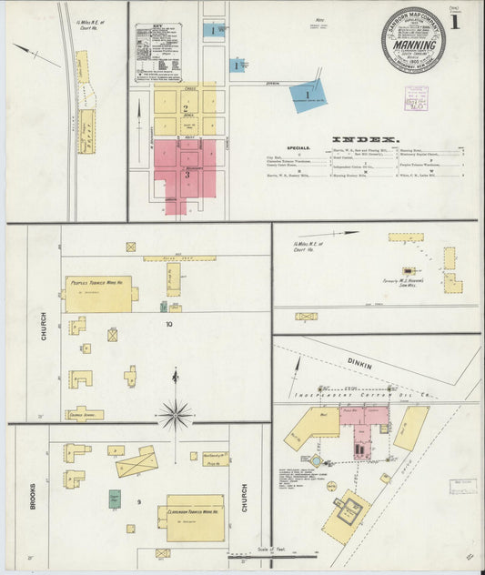 Sanborn Fire Insurance Map from Manning, Clarendon County, South Carolina (1905), Sheet #0001 - Complete Map Set gallery image, historic Sanborn map, vintage wall art, South Carolina South Carolina