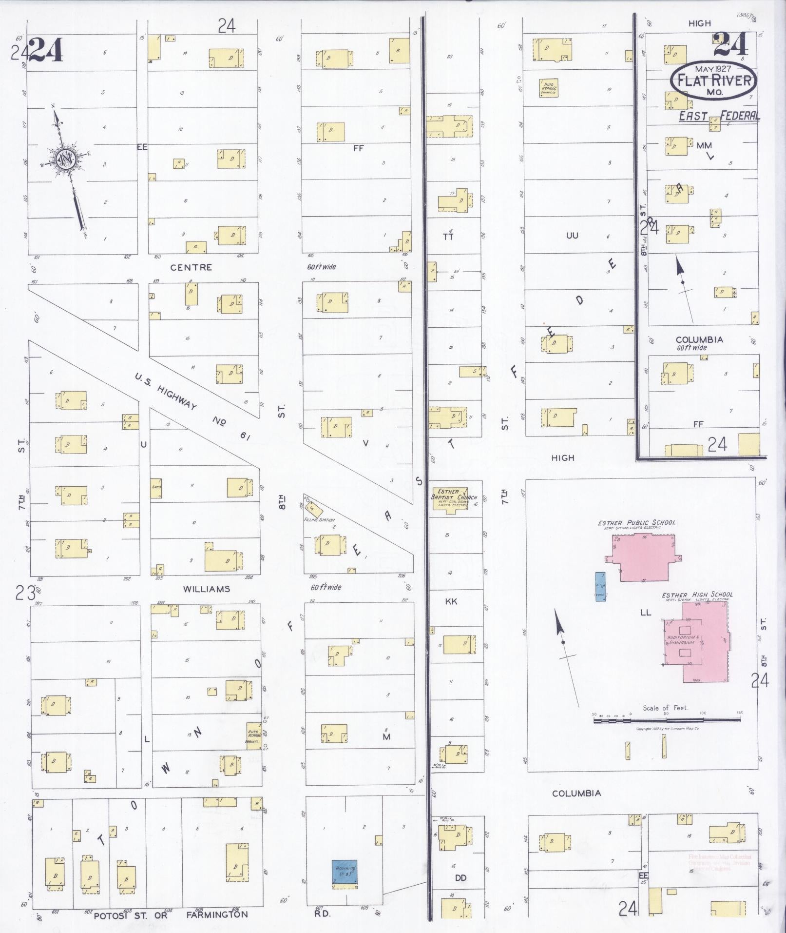 Sanborn Fire Insurance Map from Flat River, Saint Francois County, Missouri (1927), Sheet #0024 - Historic Sanborn Fire Insurance Map Print, vintage old map wall art, antique decor, genealogy gift, Missouri Missouri map
