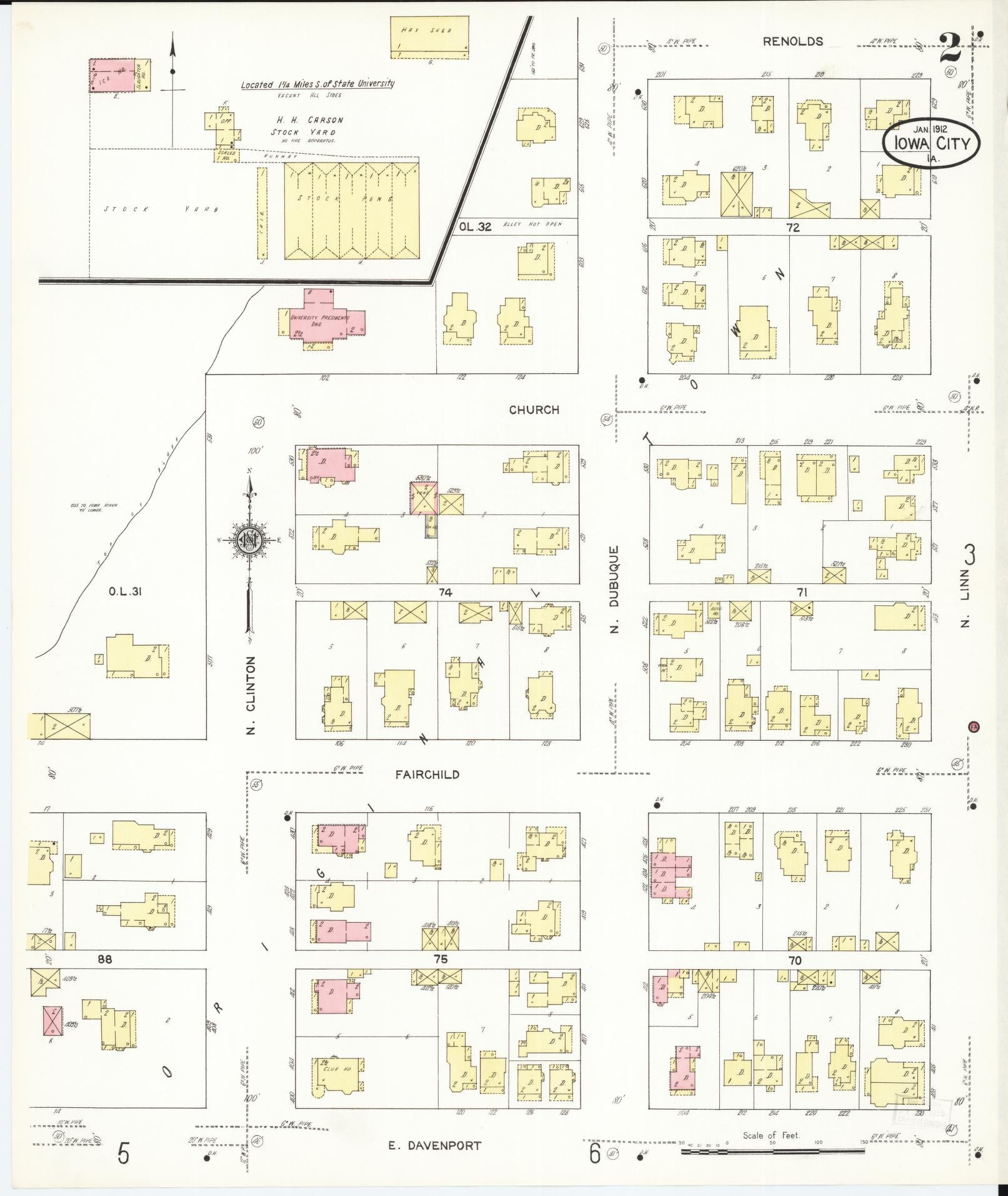 Sanborn Fire Insurance Map from Iowa City, Johnson County, Iowa (1912), Sheet #0002 - Historic Sanborn Fire Insurance Map Print, vintage old map wall art