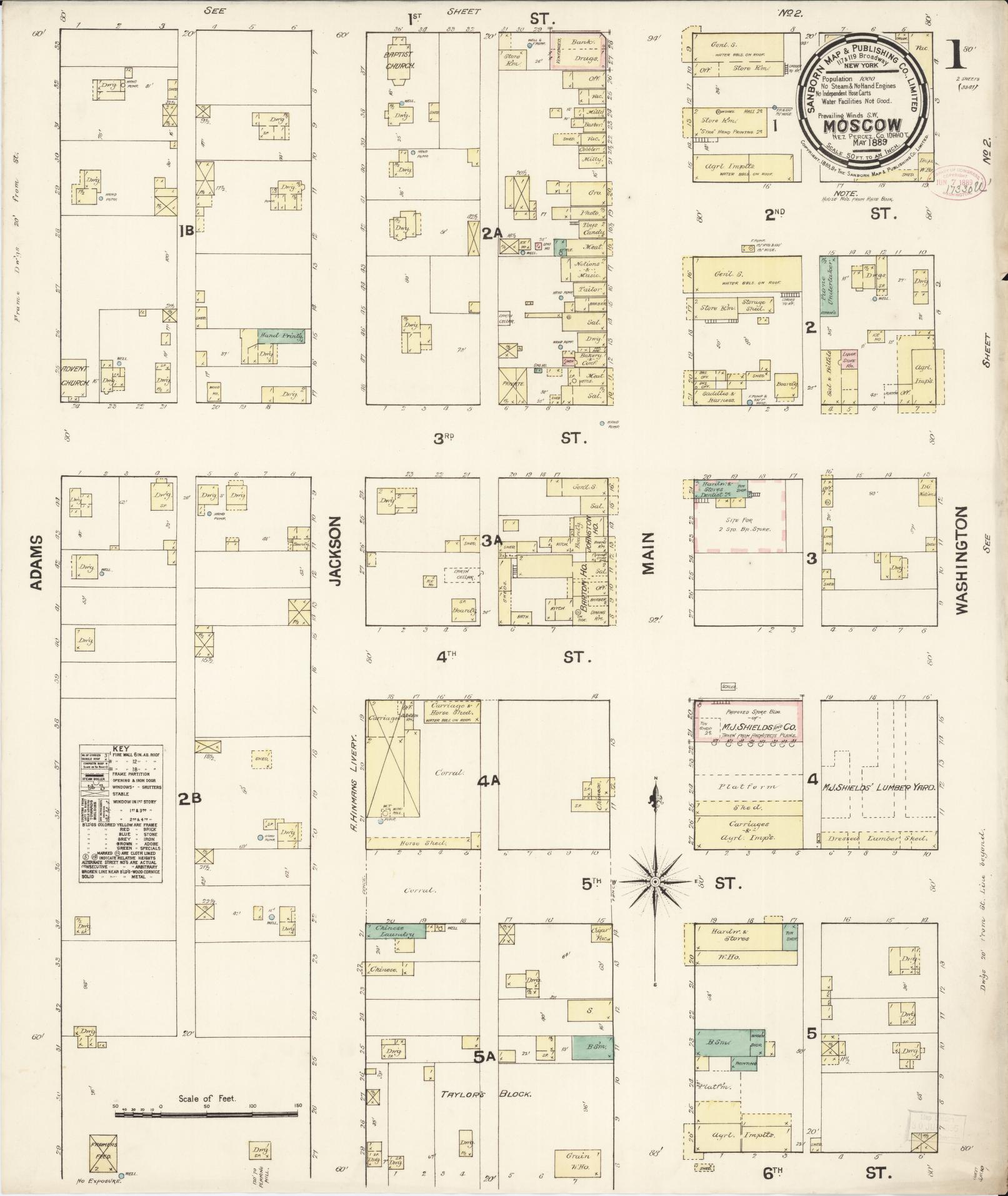 Sanborn Fire Insurance Map from Moscow, Latah County, Idaho (1889), Sheet #0001 - Historic Sanborn Fire Insurance Map Print, vintage old map wall art, antique decor, genealogy gift, Idaho Idaho map
