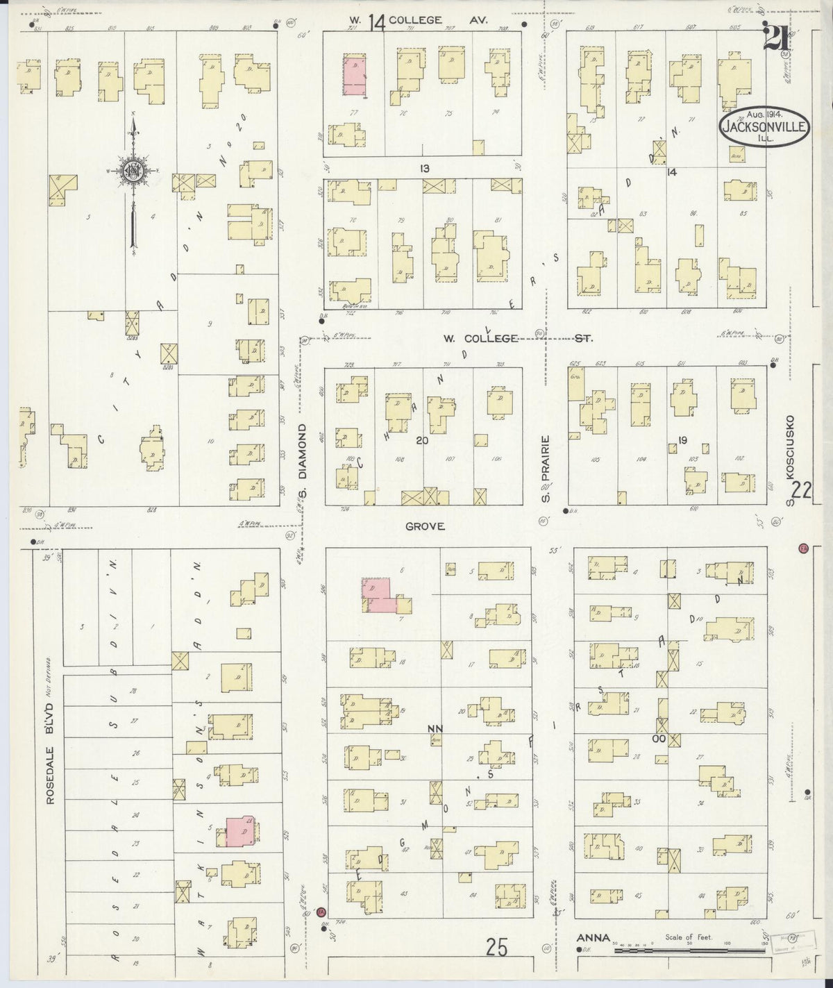 Sanborn Fire Insurance Map from Jacksonville, Morgan County, Illinois (1914), Sheet #0021 - Complete Map Set gallery image, historic Sanborn map, vintage wall art, Illinois Illinois