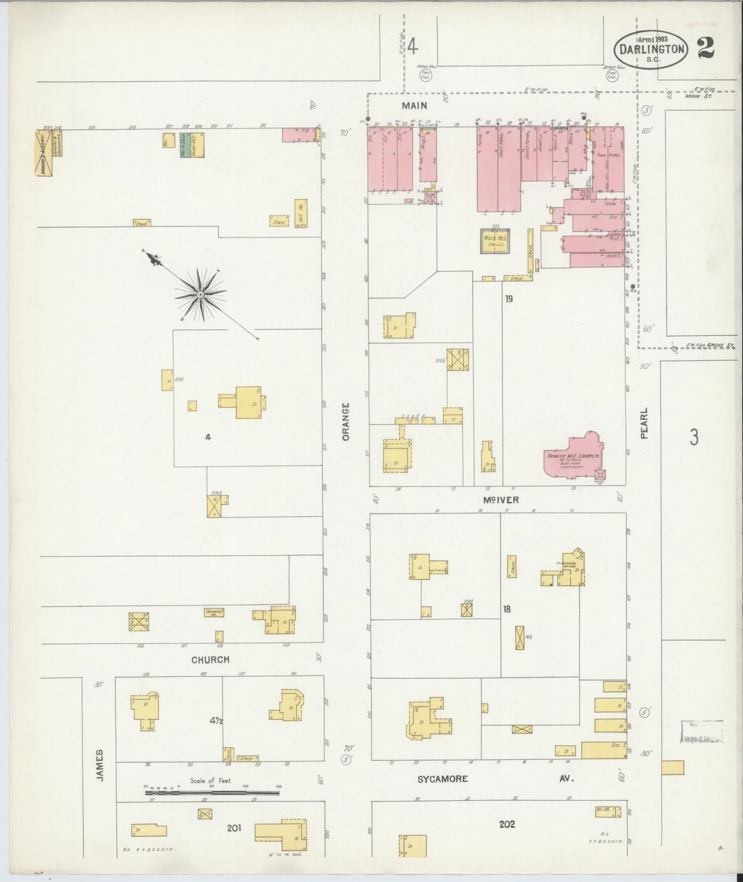 Sanborn Fire Insurance Map from Darlington, Darlington County, South Carolina (1903), Sheet #0002 - Complete Map Set gallery image, historic Sanborn map, vintage wall art, South Carolina South Carolina