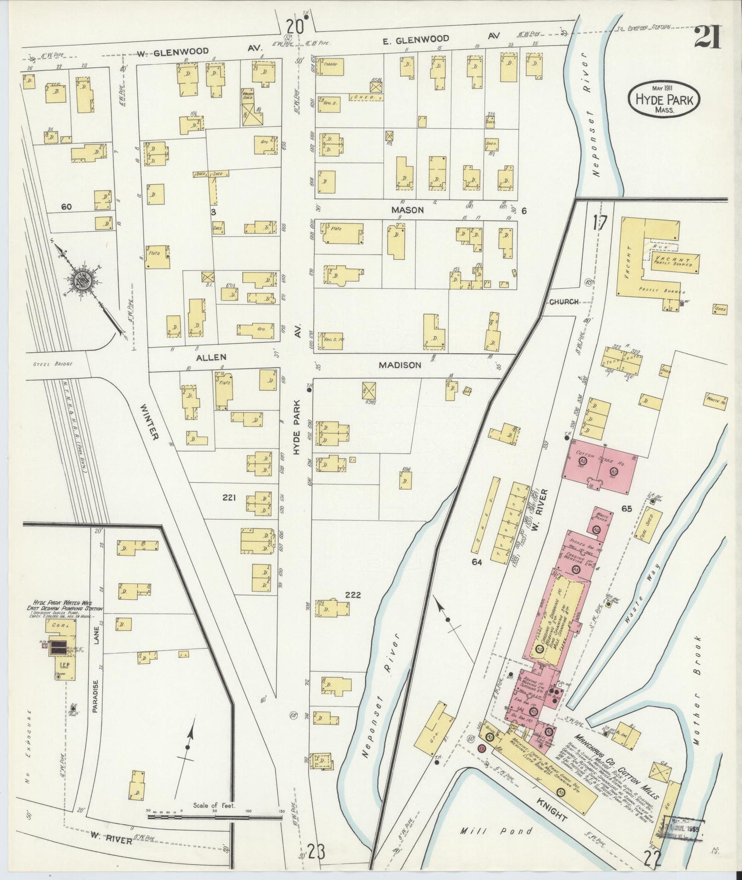 Sanborn Fire Insurance Map from Hyde Park, Norfolk County, Massachusetts (1911), Sheet #0021 - Historic Sanborn Fire Insurance Map Print, vintage old map wall art, antique decor, genealogy gift, Massachusetts Massachusetts map