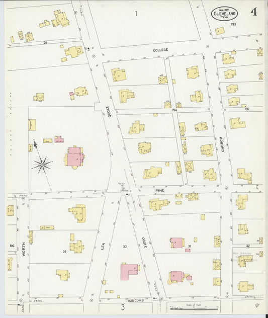 Sanborn Fire Insurance Map from Cleveland, Bradley County, Tennessee (1907), Sheet #0004 - Historic Sanborn Fire Insurance Map Print, vintage old map wall art, antique decor, genealogy gift, Tennessee Tennessee map