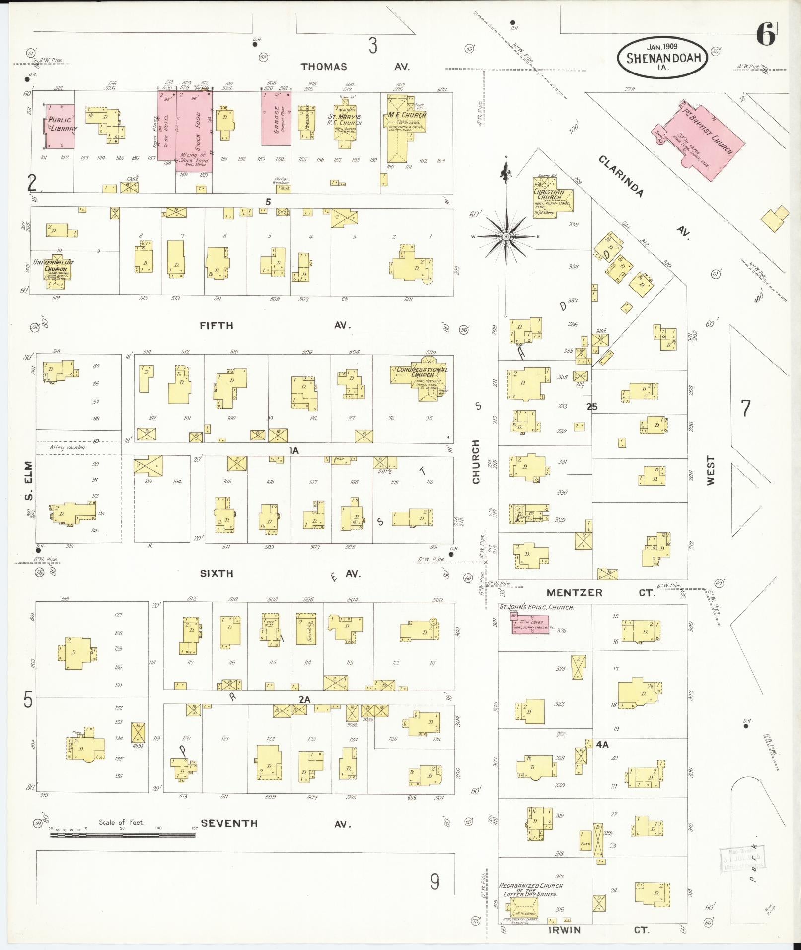 Sanborn Fire Insurance Map from Shenandoah, Page County, Iowa (1909), Sheet #0006 - Historic Sanborn Fire Insurance Map Print, vintage old map wall art