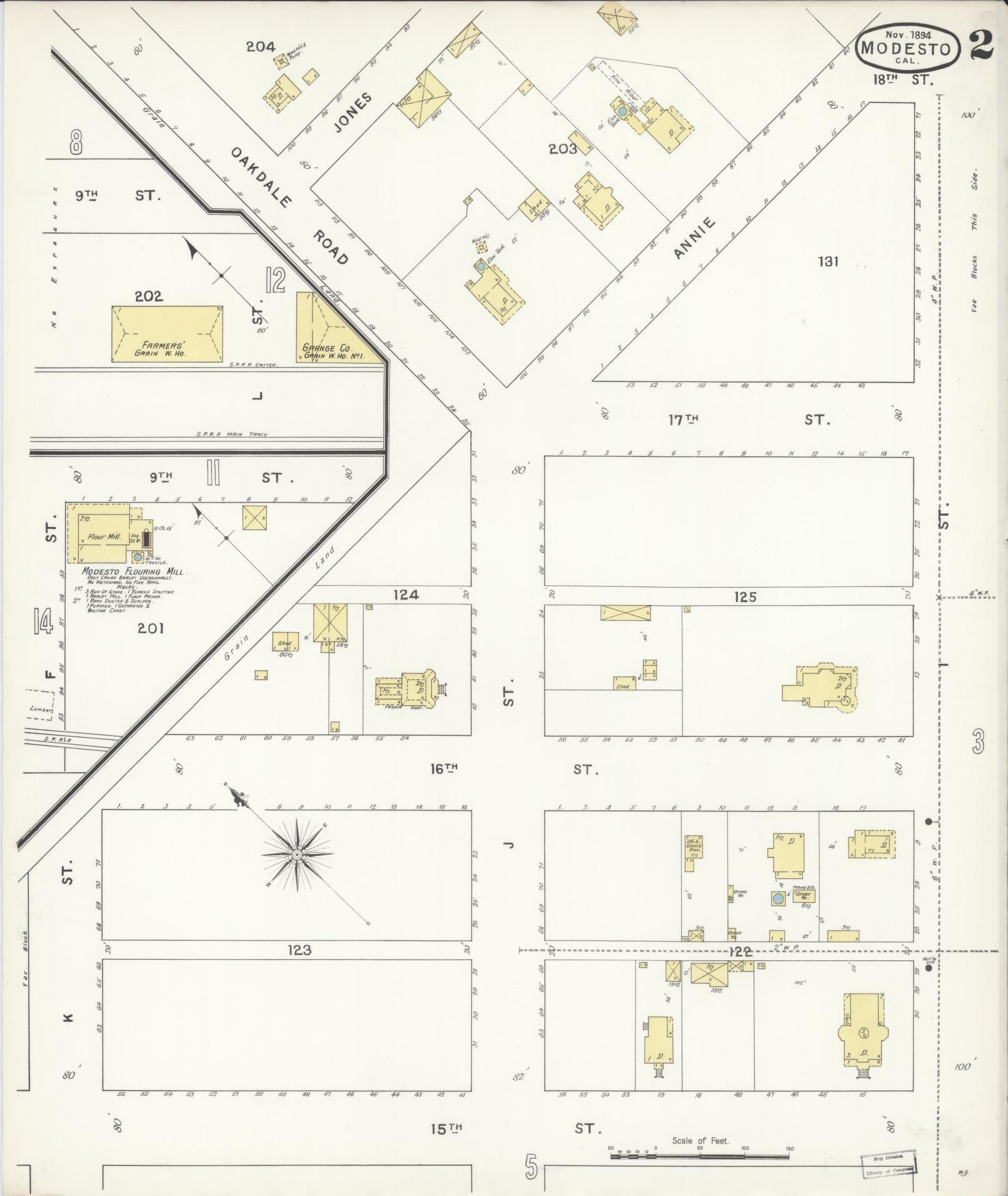 Sanborn Fire Insurance Map from Modesto, Stanislaus County, California (1894), Sheet #0002 - Historic Sanborn Fire Insurance Map Print, vintage old map wall art, antique decor, genealogy gift, California California map