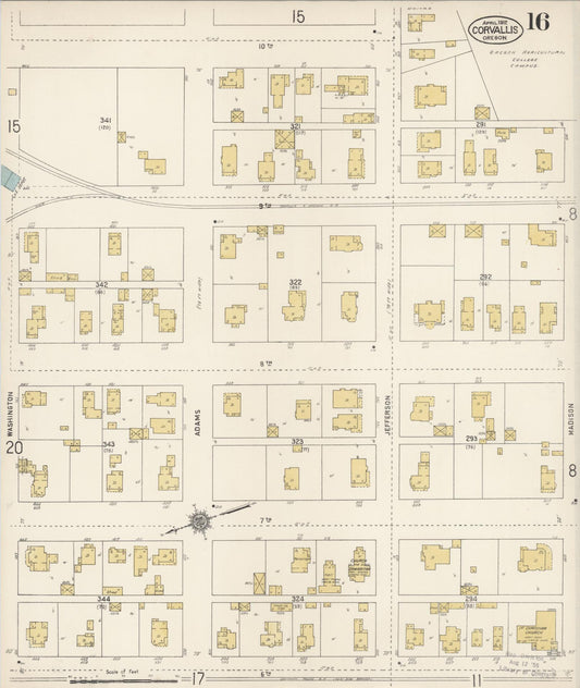 Sanborn Fire Insurance Map from Corvallis, Benton County, Oregon (1912), Sheet #0016 - Historic Sanborn Fire Insurance Map Print, vintage old map wall art, antique decor, genealogy gift, Oregon Oregon map