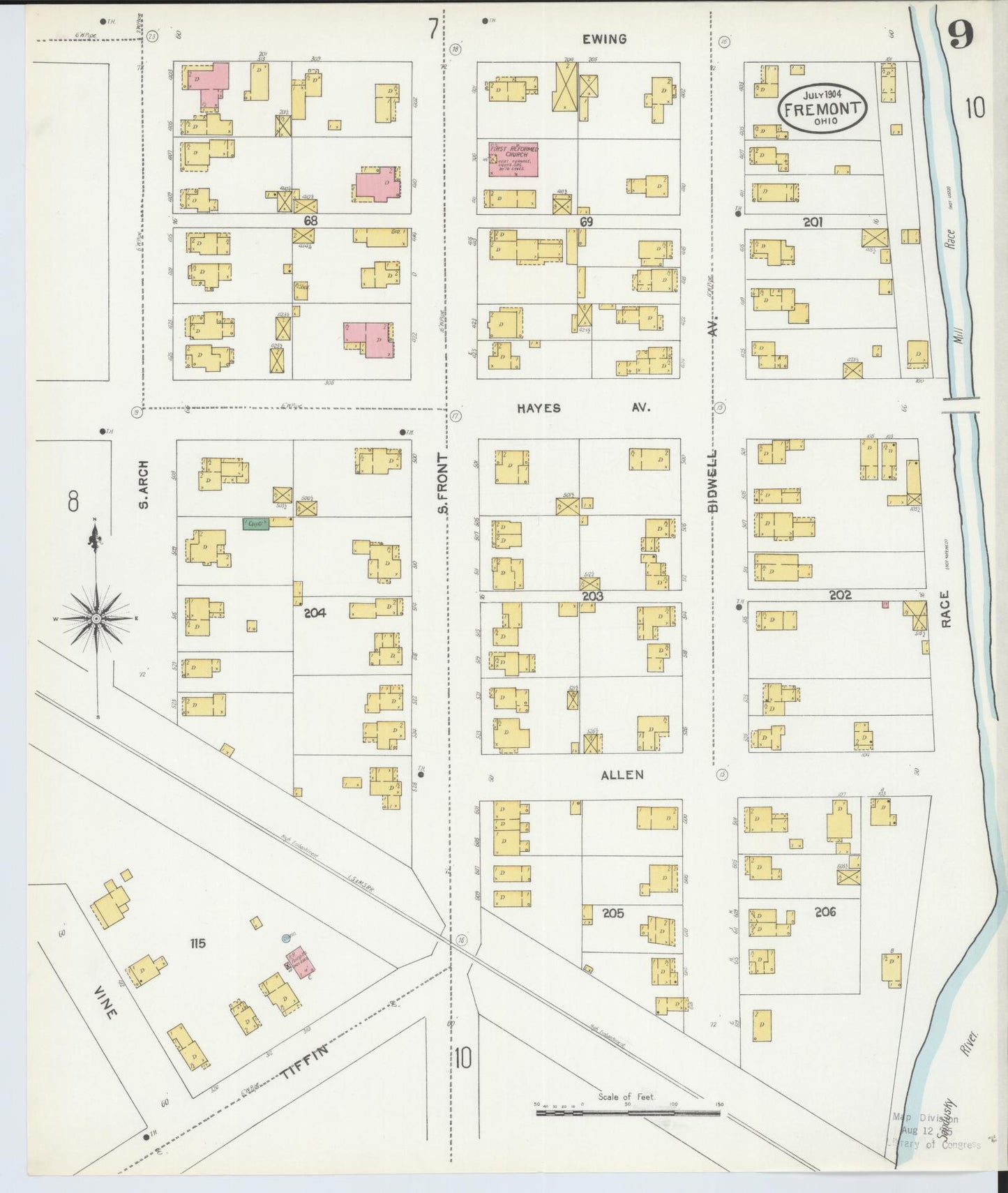 Sanborn Fire Insurance Map from Fremont, Sandusky County, Ohio (1904), Sheet #0009 - Historic Sanborn Fire Insurance Map Print, vintage old map wall art, antique decor, genealogy gift, Ohio Ohio map
