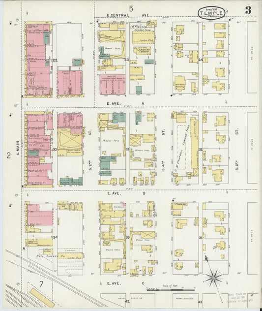 Sanborn Fire Insurance Map from Temple, Bell County, Texas (1896), Sheet #0003 - Historic Sanborn Fire Insurance Map Print, vintage old map wall art, antique decor, genealogy gift, Texas Texas map