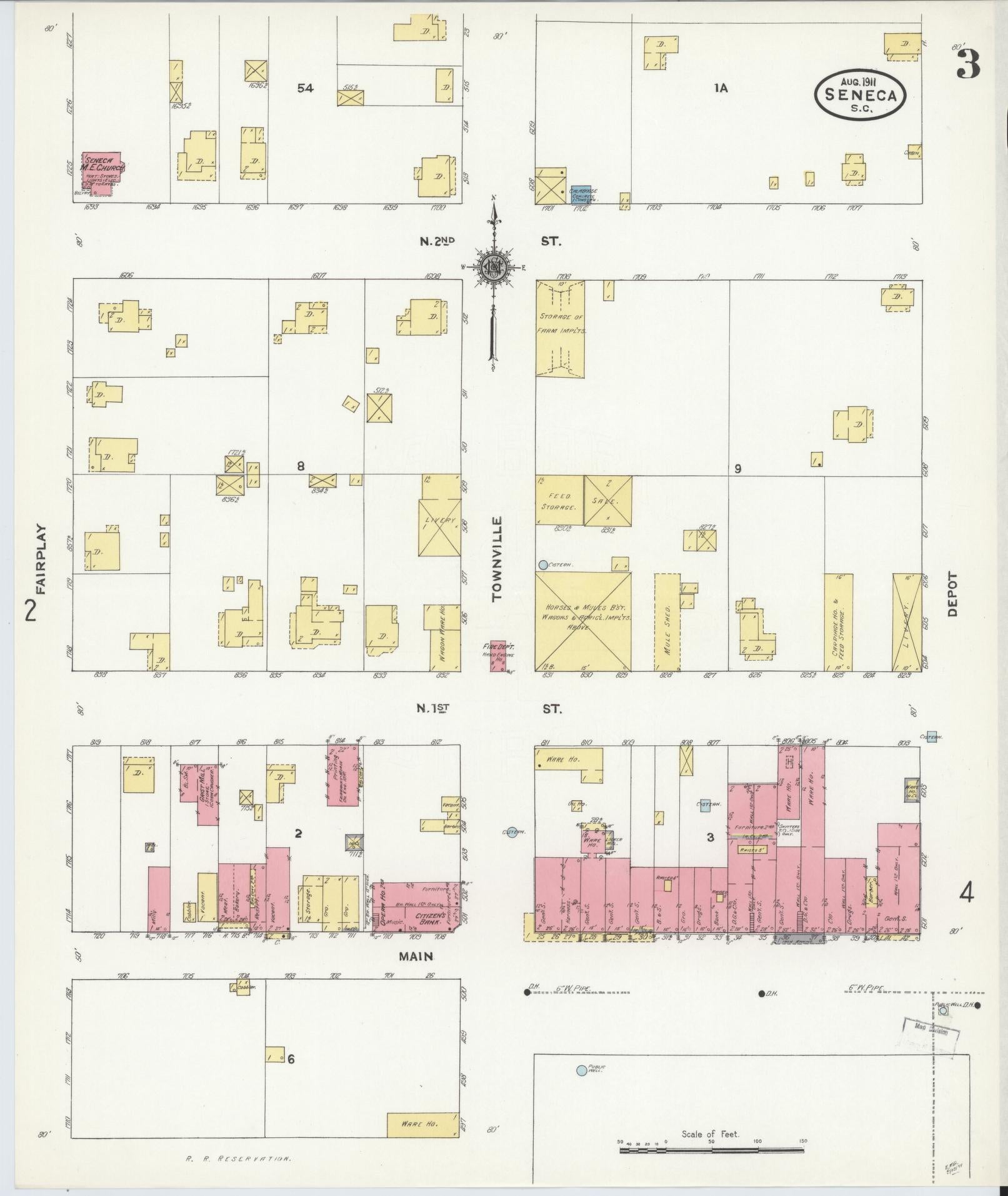 Sanborn Fire Insurance Map from Seneca, Oconee County, South Carolina (1911), Sheet #0003 - Historic Sanborn Fire Insurance Map Print, vintage old map wall art, antique decor, genealogy gift, South Carolina South Carolina map