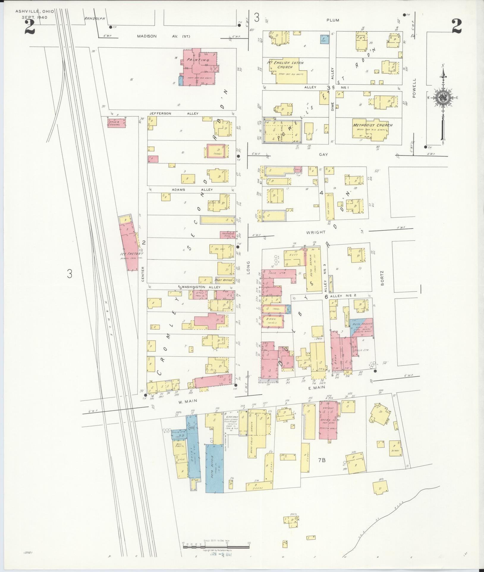 Sanborn Fire Insurance Map from Ashville, Pickaway County, Ohio (1940), Sheet #0002 - Historic Sanborn Fire Insurance Map Print, vintage old map wall art, antique decor, genealogy gift, Ohio Ohio map