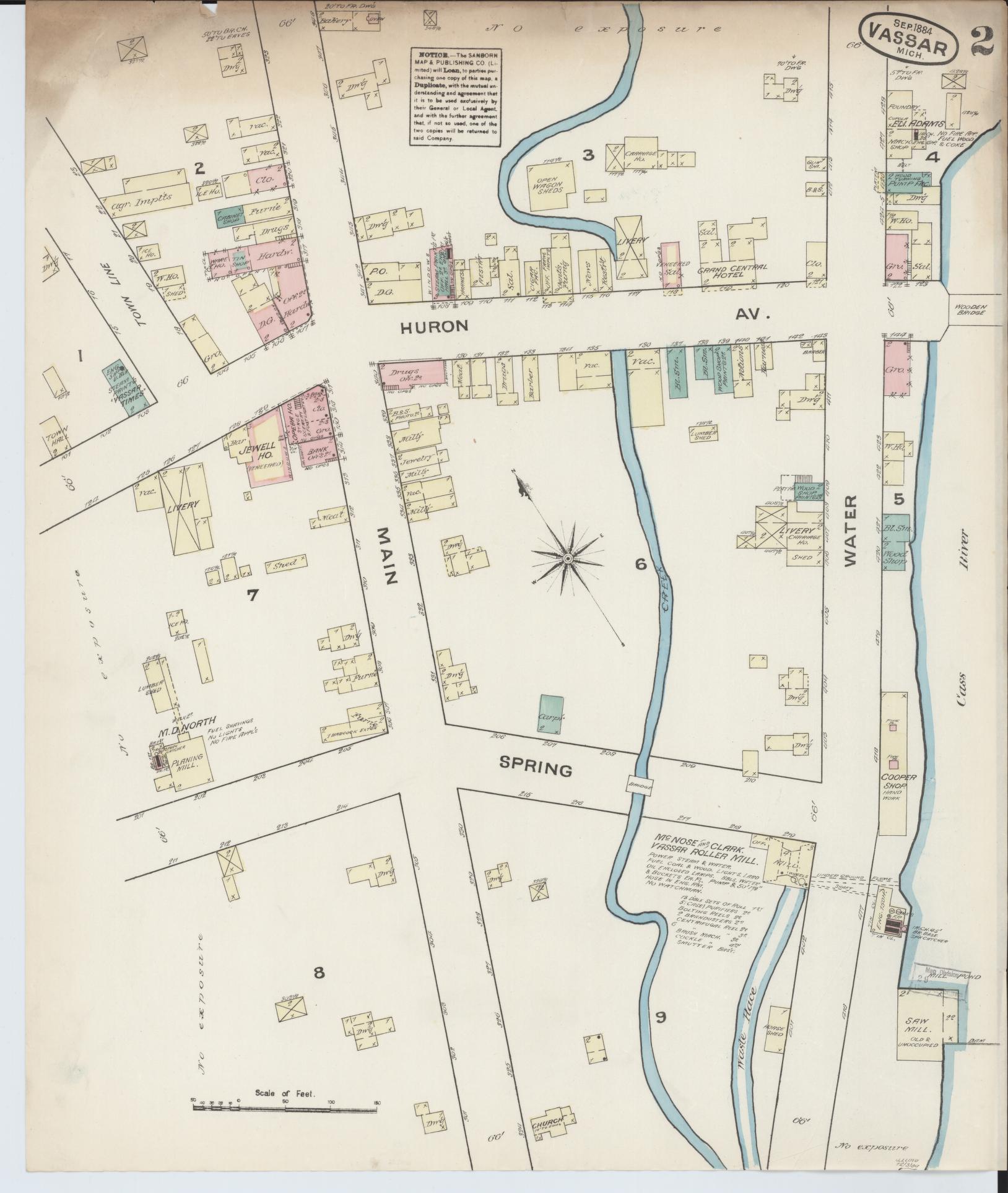 Sanborn Fire Insurance Map from Vassar, Tuscola County, Michigan (1884), Sheet #0002 - Historic Sanborn Fire Insurance Map Print, vintage old map wall art, antique decor, genealogy gift, Michigan Michigan map